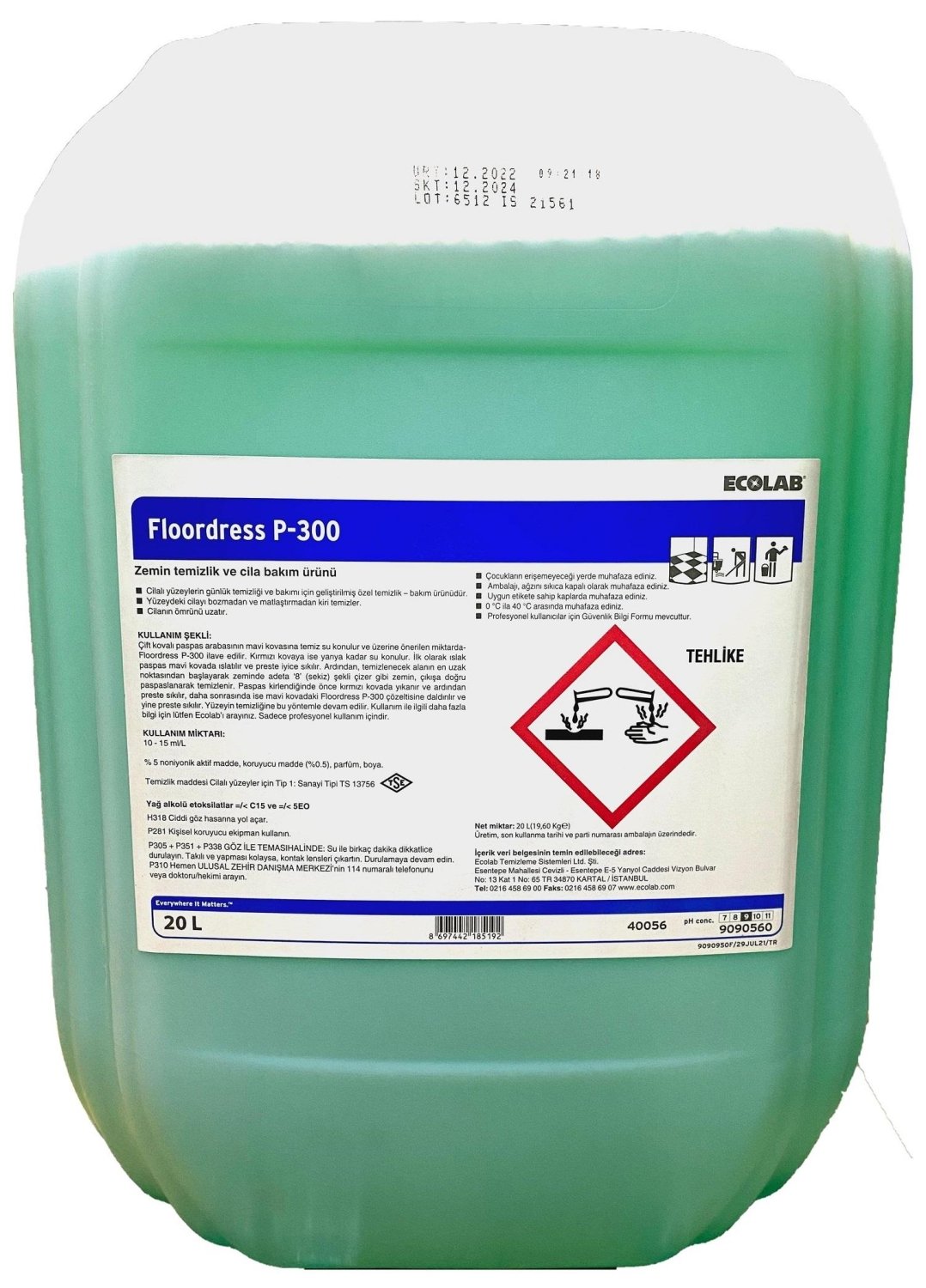 Ecolab Floordress P-300 Kayganlık ve Film Oluşturmayan Temizlik ve Cila Bakım Maddesi 20 Lt
