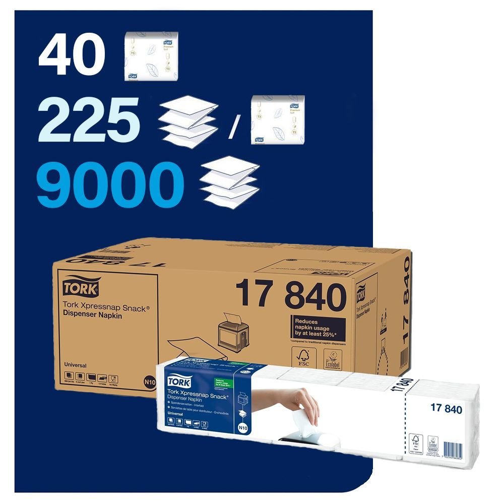 T-17840 Tork N10 Sistem Xpressnap Snack® Beyaz Dispenser Peçete (1 Paket 225 Adet-Koli İçi 40 Paket)